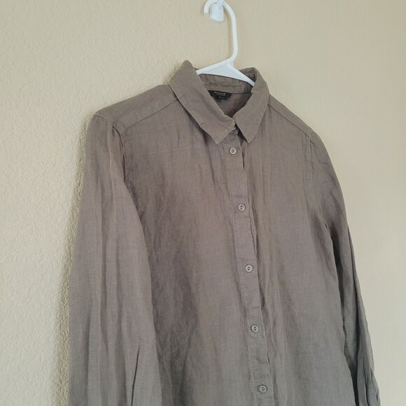 Massimo Dutti 100% Linen Womens Shirt Long Sleeve Button Up Size 4 Green Brown - Picture 2 of 6
